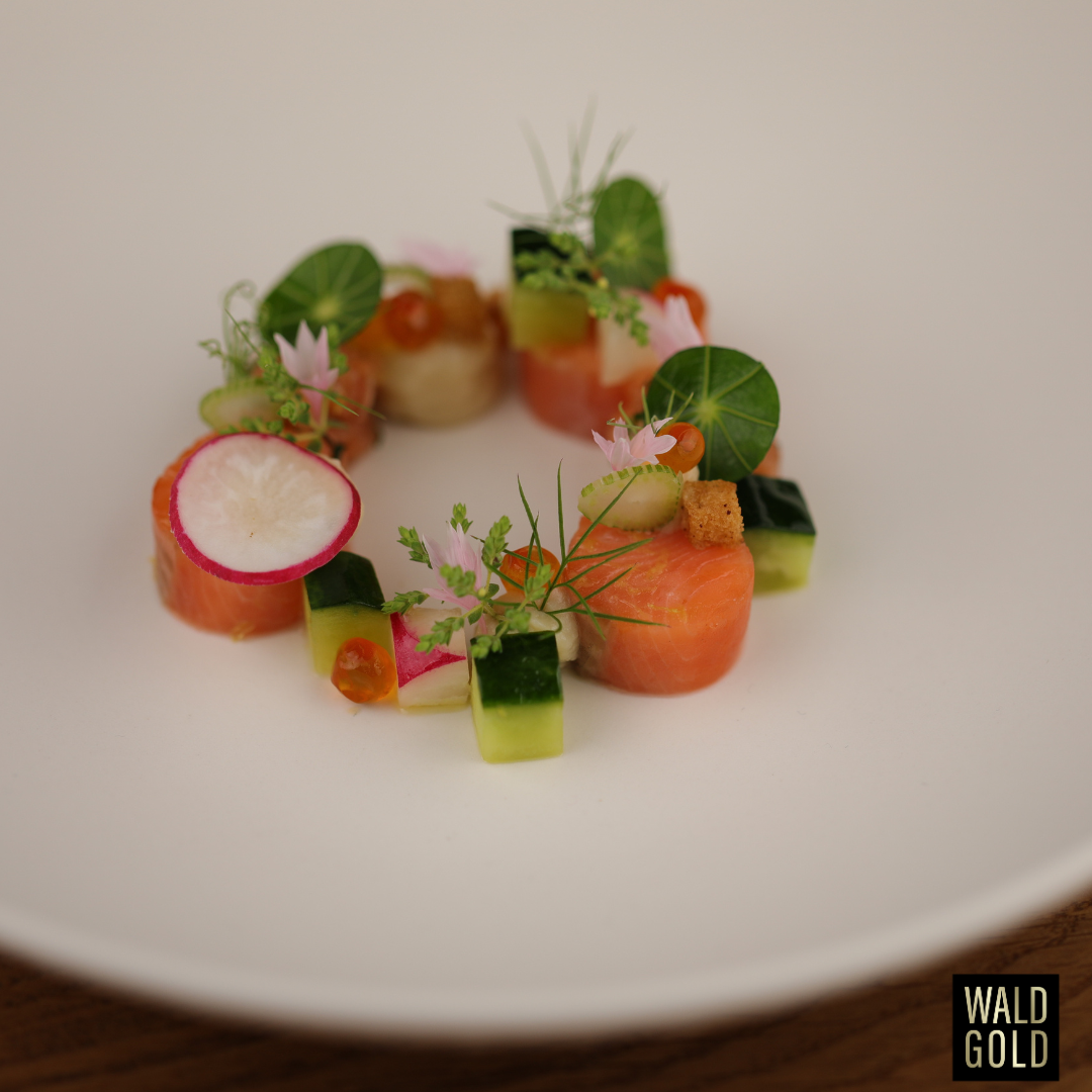 Geräucherte und pochierte Lachsforelle mit einer Bucheckern Beurre blanc, Wildkräuteröl, Gurke und Radieschen