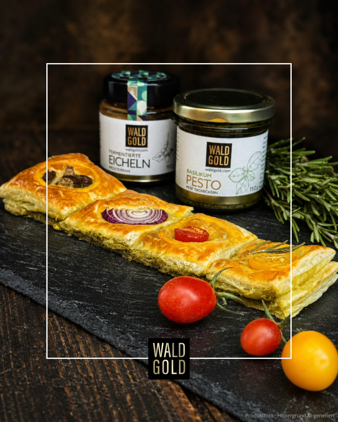 Knusprige Blätterteig-Bites mit Basilikumpesto und Waldtopping